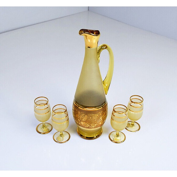 Bohemian Glass Czechoslovakia Gold Boho MCM Decanter/Pitcher + Glasses w/Labels - Picture 2 of 12